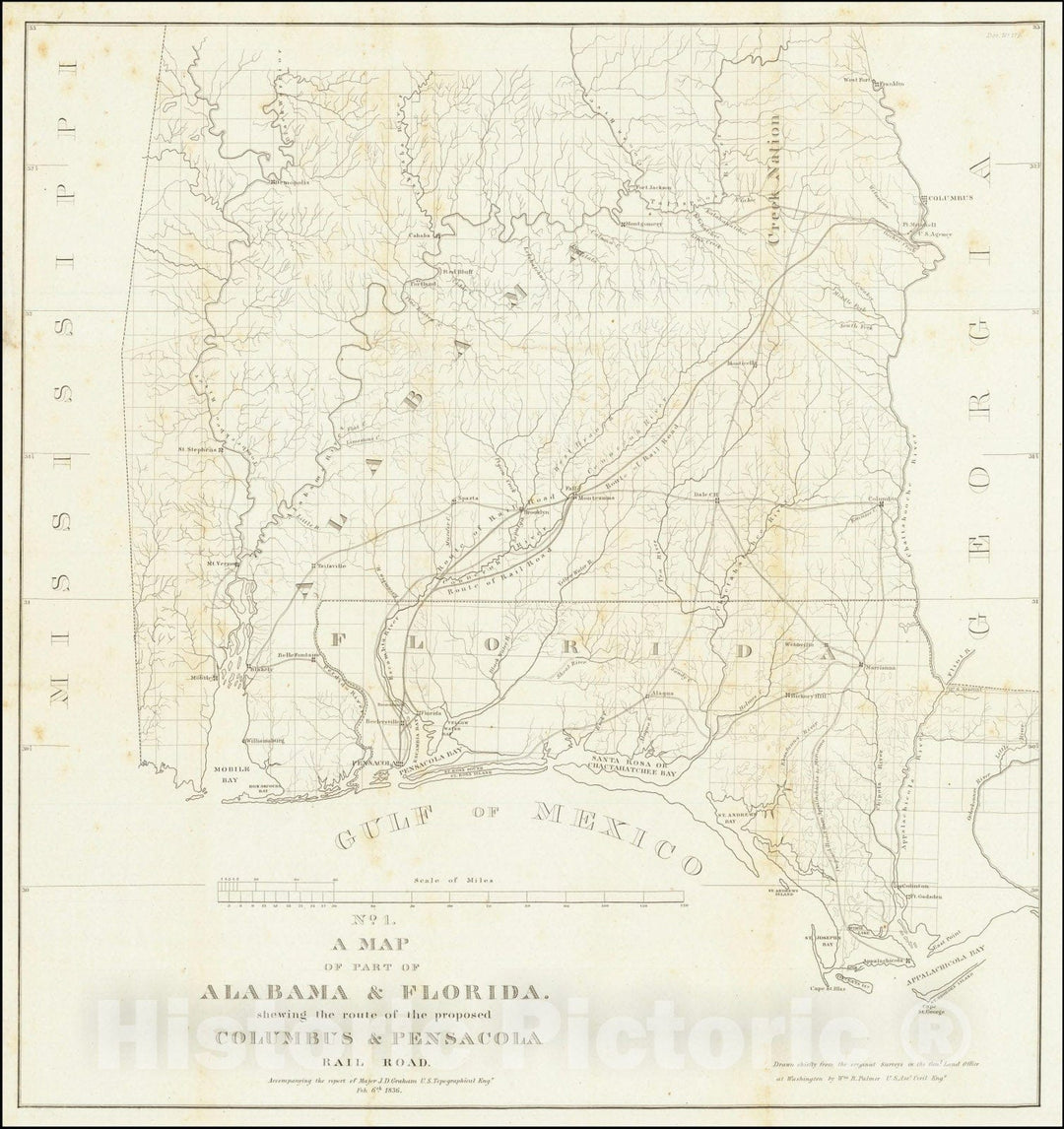Historic Map : A Part of Alabama & Florida shewing the route of the proposed Columbus & Pensacola Rail Road., 1836, Vintage Wall Art