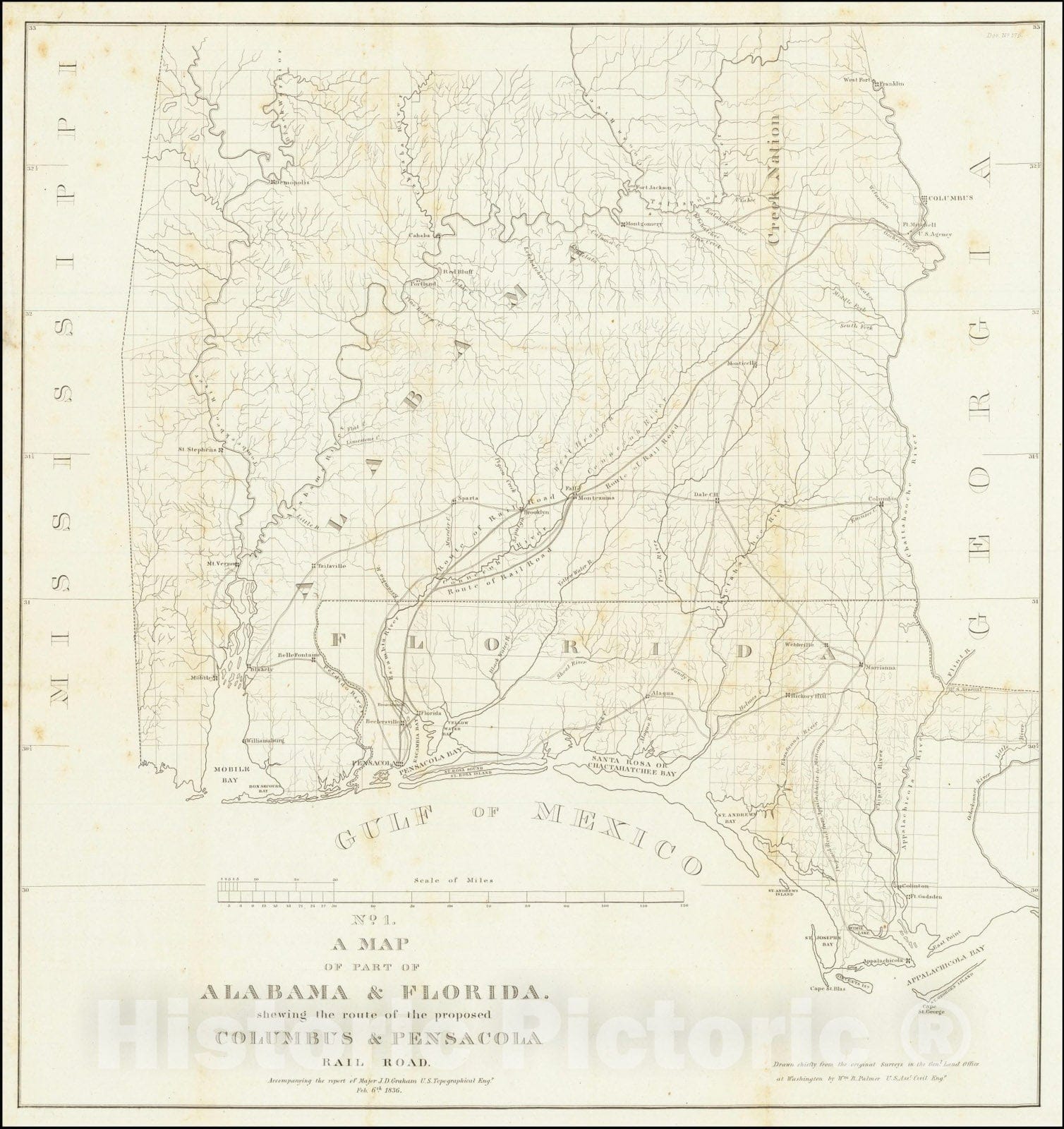 Historic Map : A Part of Alabama & Florida shewing the route of the proposed Columbus & Pensacola Rail Road., 1836, Vintage Wall Art