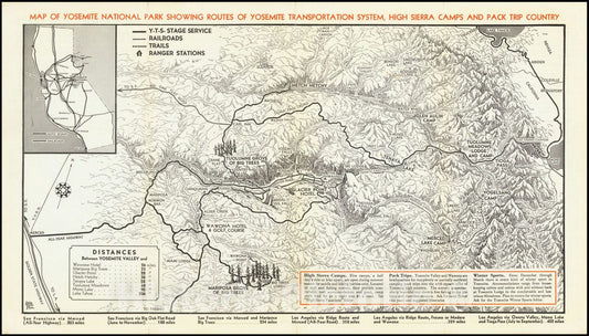 Historic Map : Yosemite National Park Showing Routes of Yosemite Transportation System, High Sierra Camps and Pack Trip Country. , 1930, Vintage Wall Art