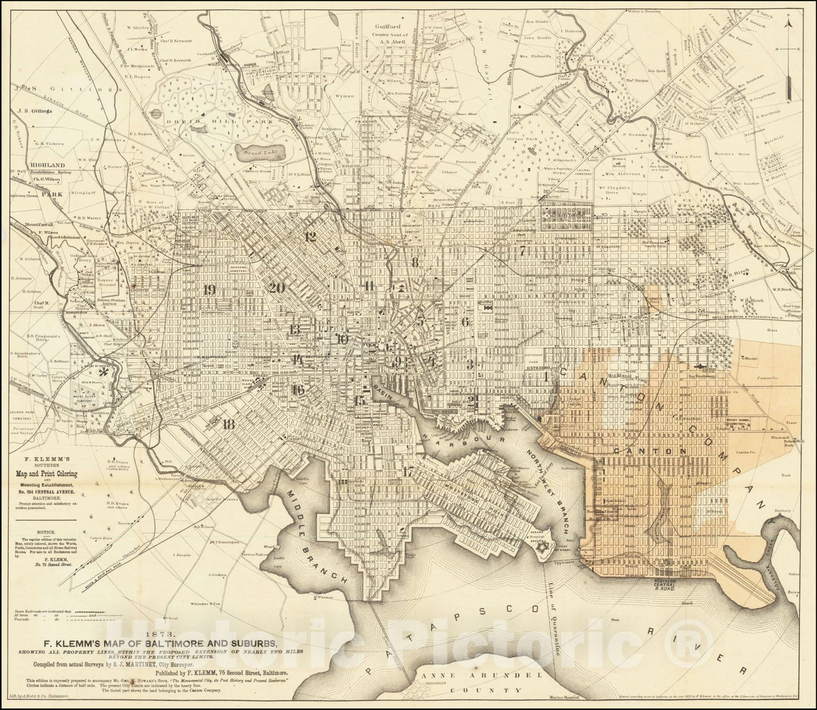 Historic Map : F. Klemm's Baltimore and Suburbs, Showing All Property Lines Within Proposed Extension of Nearly Two Miles Beyond the Present City Limits., 1873, Vintage Wall Art