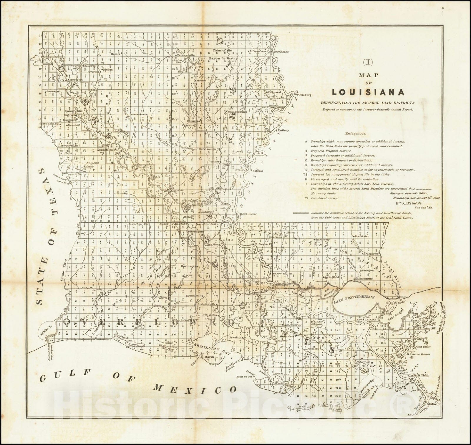Historic Map : Louisiana Representing The Several Land Districts Prepared to accompany the Surveyor General's annual Report, . 1853, 1853, Vintage Wall Art