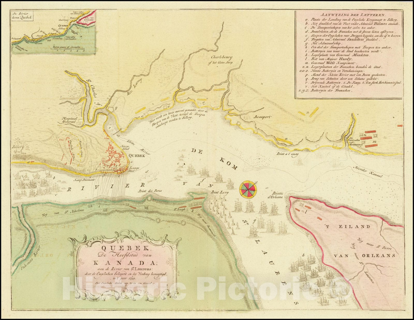 Historic Map : Quebek, De Hoofdstad van Kanada; aan de Rivier van St. Laurens, 1759, 1765, Vintage Wall Art