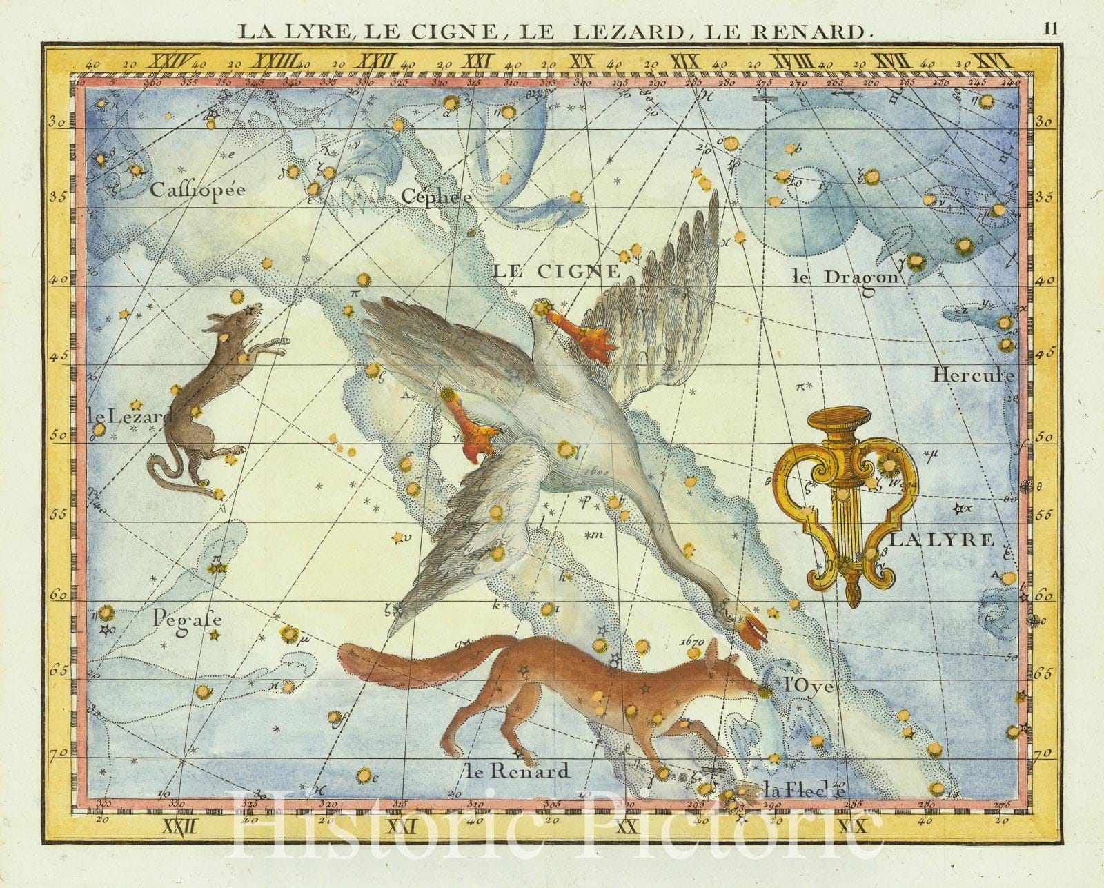 Historic Map : La Lyre, Le Cigne, Le Lezard, Le Renard,Lyra, Cygnus, Lacerta, Vupecula, 1776, Vintage Wall Art