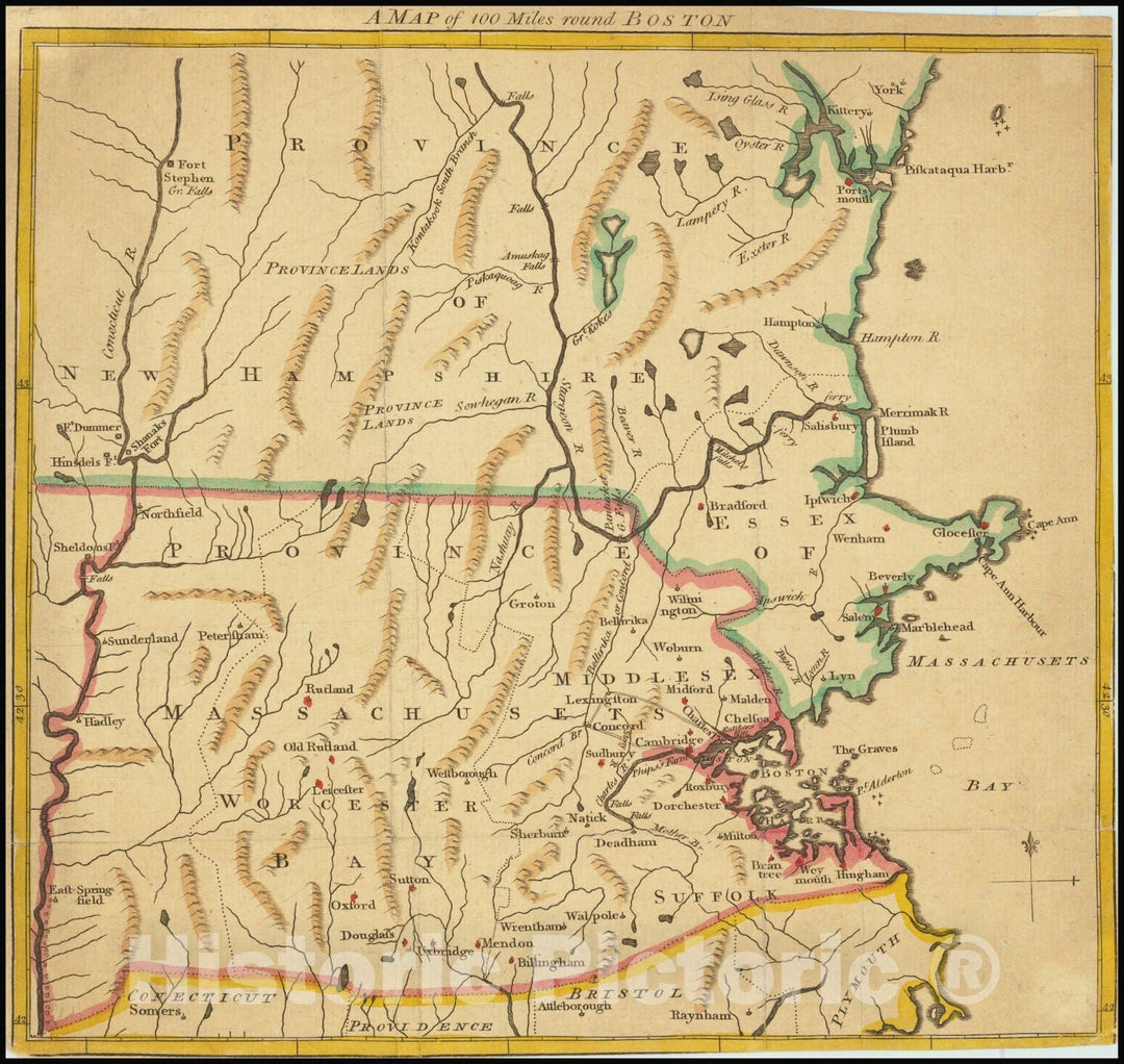 Historic Map : A 100 Miles around Boston , The Battles of Lexington & Concord, 1775, Vintage Wall Art