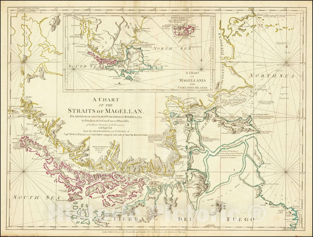 Historic Map : A Chart of the Straits of Magellan Inlarged from the Chart Published at Madrid in 1769 by Don Juan de la Cruz Cano y Olmedilla ,  1775, Vintage Wall Art