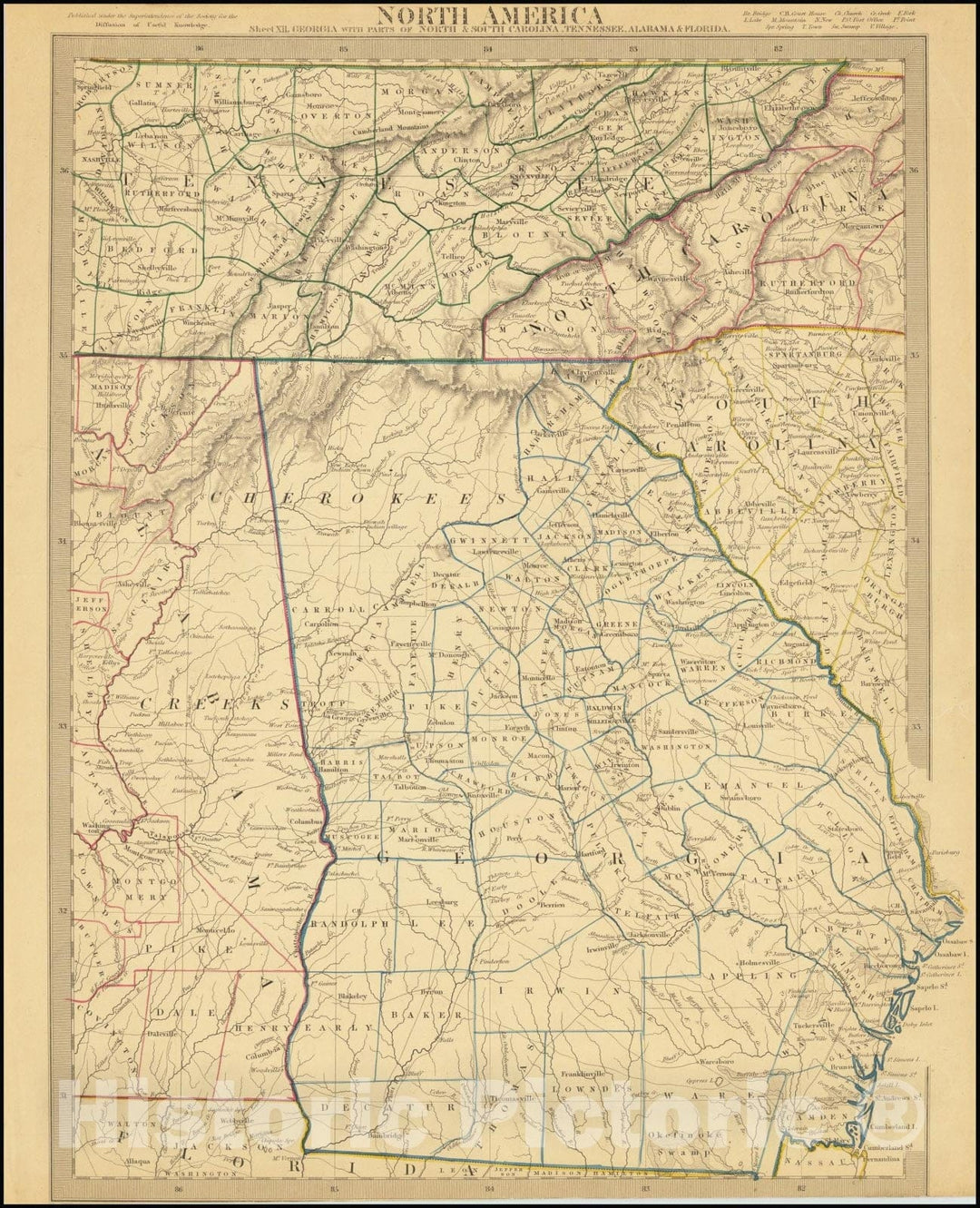 Historic Map : North America Sheet XII. Georgia with Parts of North & South Carolina, Tennessee, Alabama & Florida, 1843, Vintage Wall Art