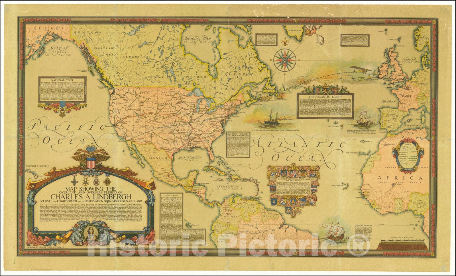 Historic Map : The Overland And Overseas Flights of Charles A. Lindbergh Colonel and Flights Comdr - 110th Observations Sqdn. Missouri Nat. Guard. , with original mailing envelope, 1928 v2, Vintage Wall Art