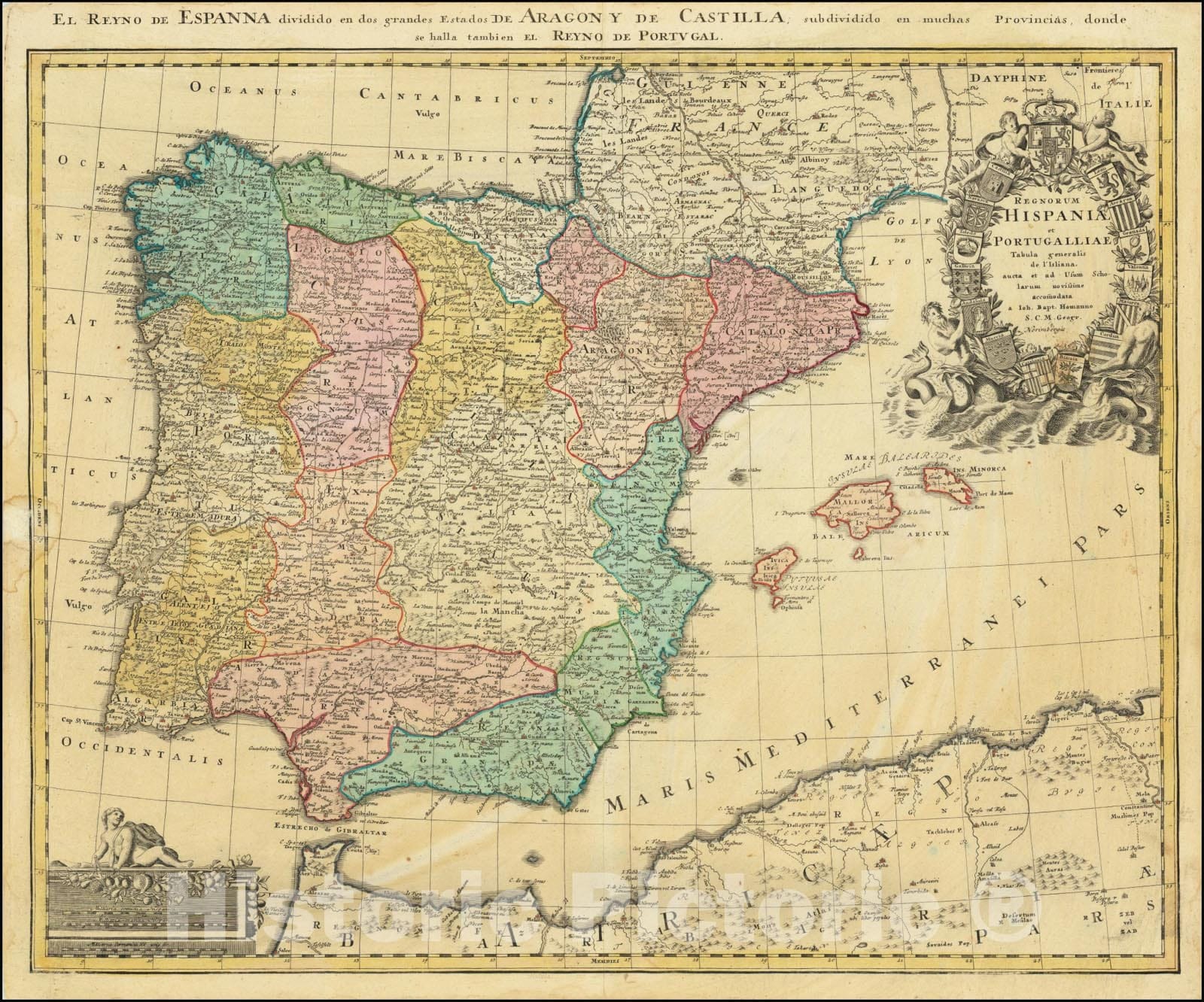 Historic Map : Regnorum Hispaniae et Portugalliae Tabula generalis de l'Isliana aucta et ad Usum Scholarum novissime accomodata,  1720, Vintage Wall Art