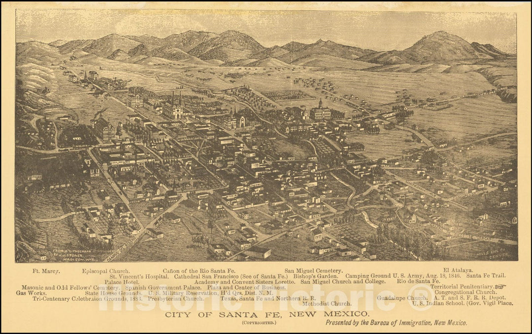 Historic Map : City of Santa Fe, New Mexico , copyrighted, 1885, Vintage Wall Art
