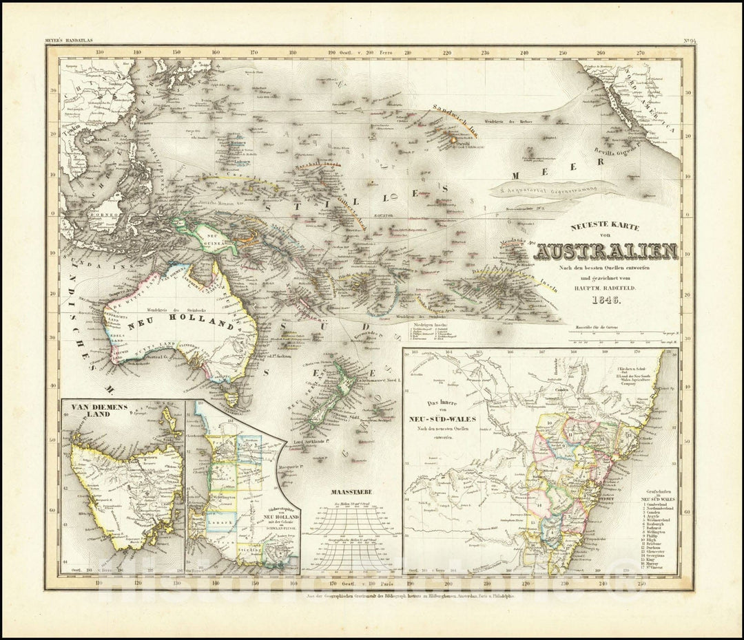 Historic Map : Neueste Karte von Australien Nach den bessten Quellen entworfen un gezeichnet vom Hauptm. Radefeld., 1846, Vintage Wall Art