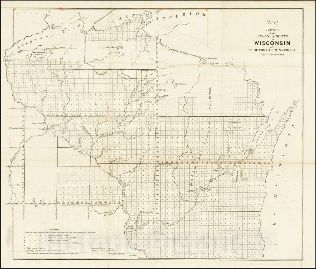 Historic Map : Sketch of the Public Surveys in Wisconsin and Territory of Minnesota, 1854 v2, Vintage Wall Art