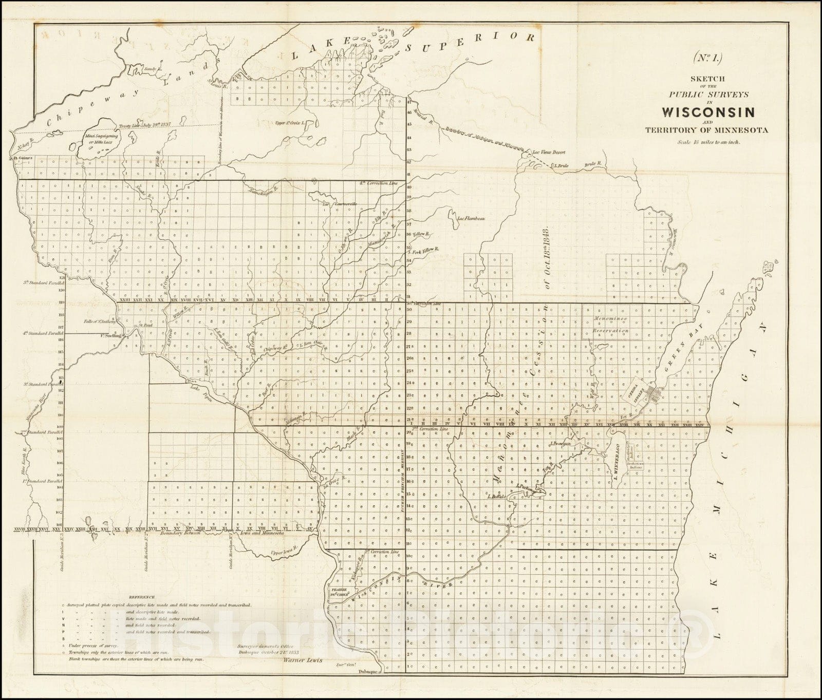 Historic Map : Sketch of the Public Surveys in Wisconsin and Territory of Minnesota, 1854 v2, Vintage Wall Art