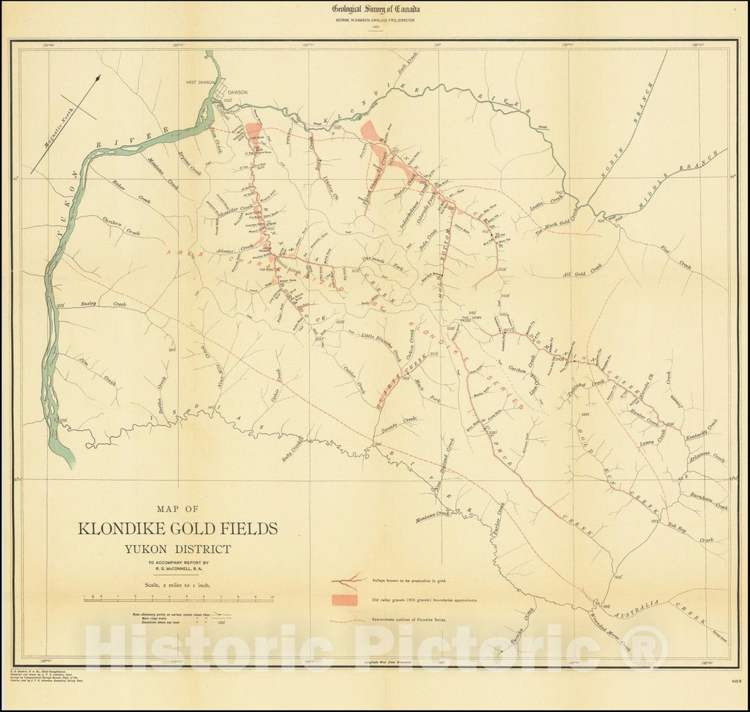 Historic Map : Klondike Gold Fields Yukon District To Accompany Report by R.G. McConnell, B.A., 1900, Vintage Wall Art