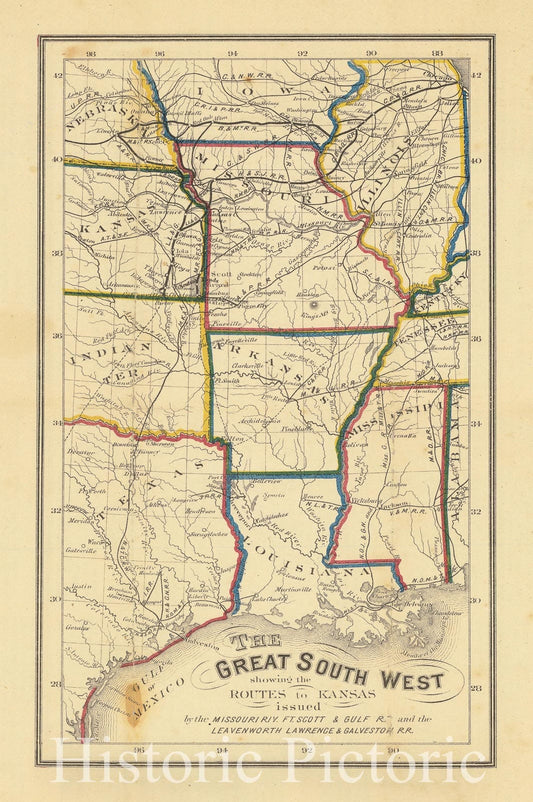 Historic Map : The Great South West showing the Routes to Kansas issued by the Missouri Riv. Ft. Scott & Gulf R.R. and the Leavenworth Lawrence & Galveston R.R., 1870, Vintage Wall Art