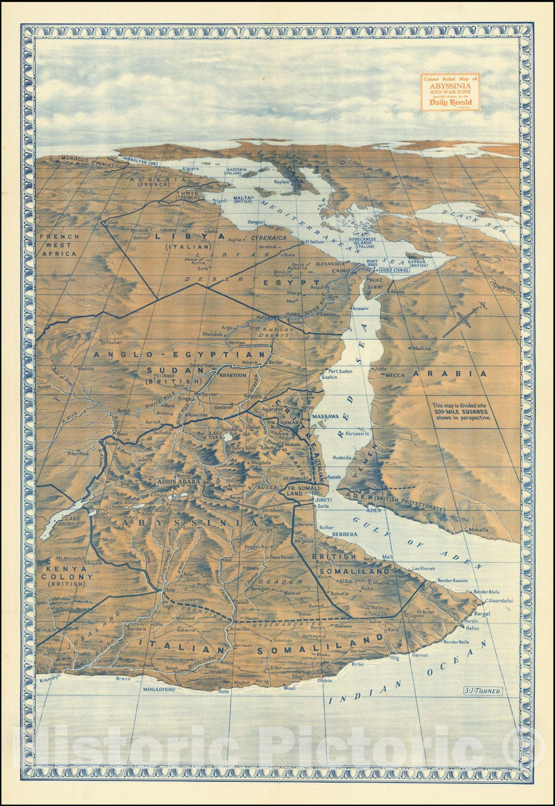 Historic Map : Colour Relief Abyssinia and War Zone specially drawn for the Daily Herald., 1935, Vintage Wall Art