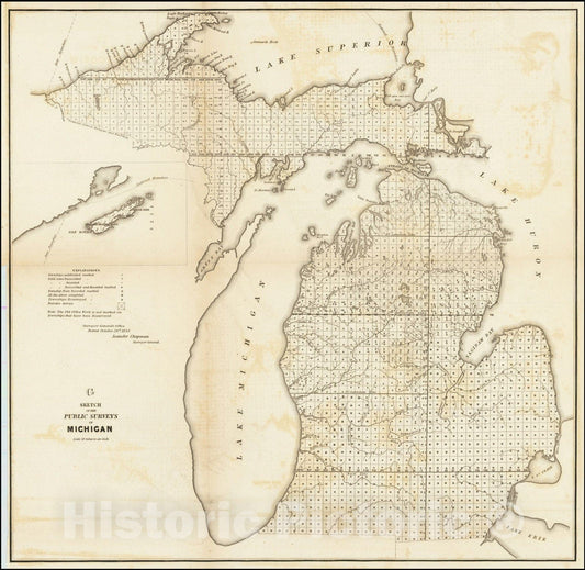 Historic Map : G Sketch of the Public Surveys in Michigan, 1853, Vintage Wall Art