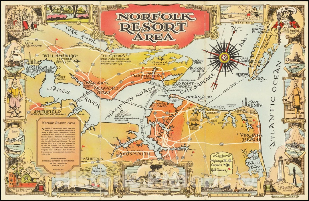 Historic Map : Norfolk Resort Area, 1950, Vintage Wall Art