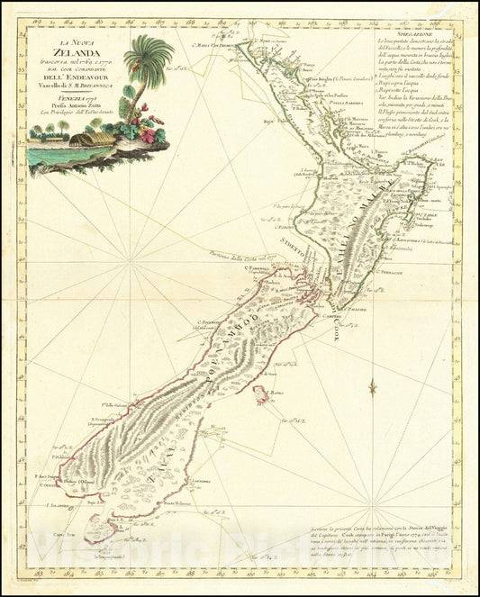 Historic Map : La Nuova Zelanda trascorsa nel 1769 e 1770 d'al Cook Comandante dell' Endeavour Vascello di S. M. Britannica, 1778, 1778, Vintage Wall Art