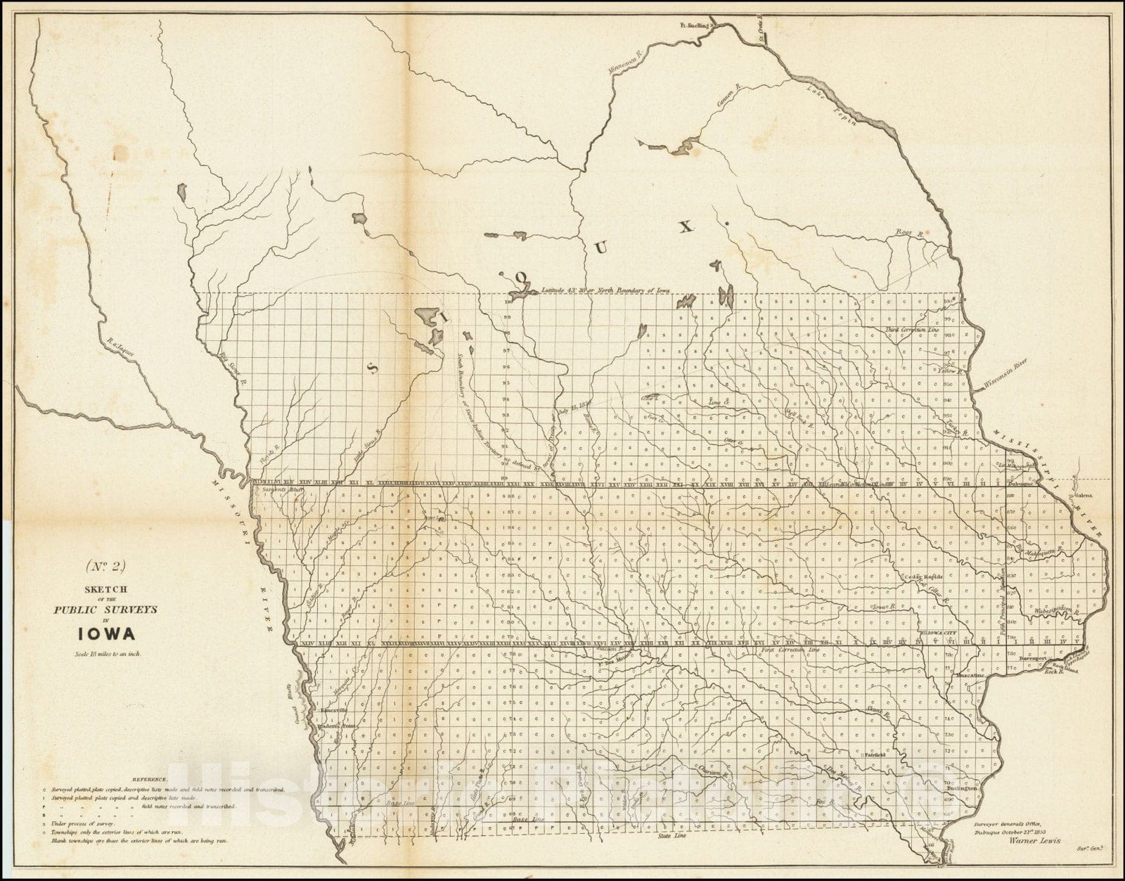 Historic Map : Sketch of the Public Surveys in Iowa, 1853, Vintage Wall Art
