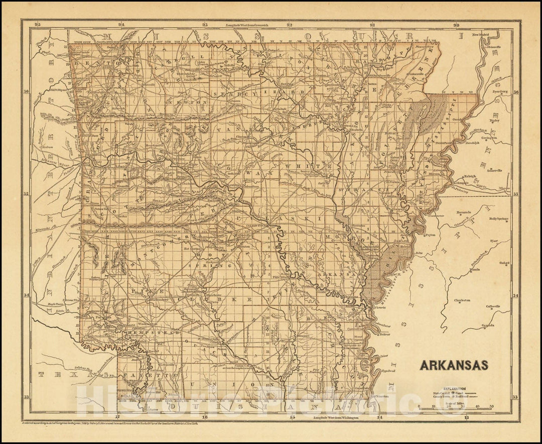 Historic Map : Arkansas, 1844, Vintage Wall Art