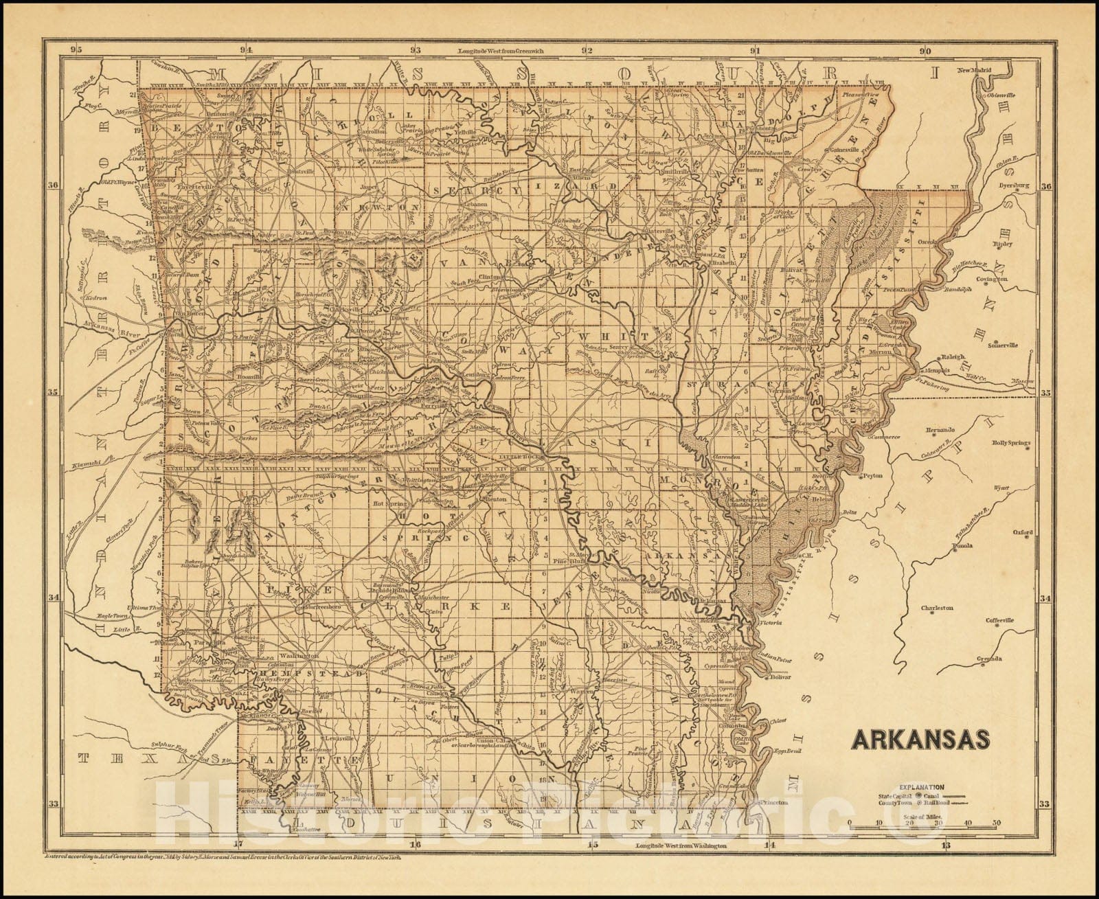 Historic Map : Arkansas, 1844, Vintage Wall Art