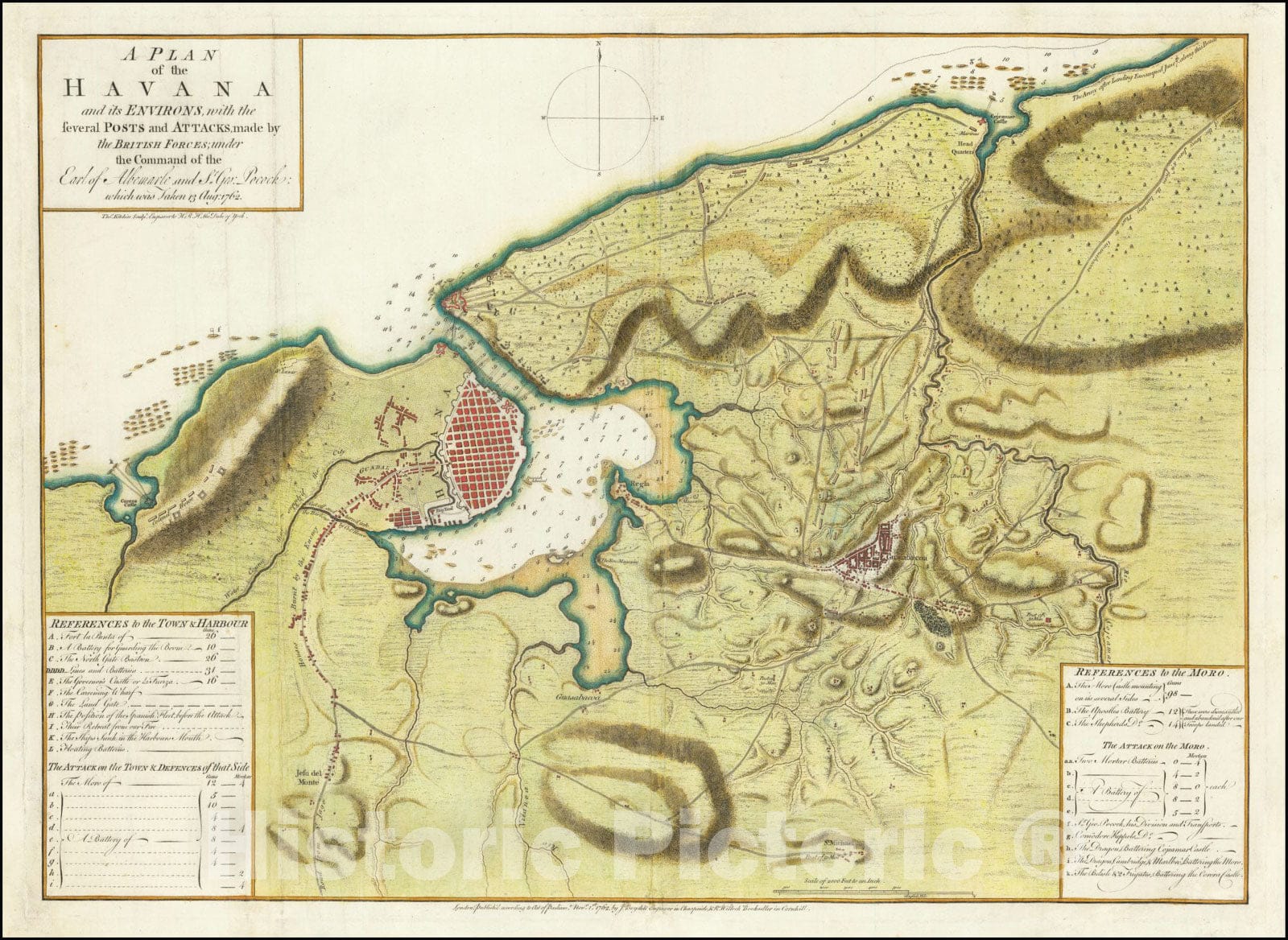 Historic Map : A Plan of the Havana and its Environs with the several Posts and Atttacks made by British Forces under the Command of the Earl of Albermarle and Sr. Geo: Pocock: , 1762, 1762, Vintage Wall Art