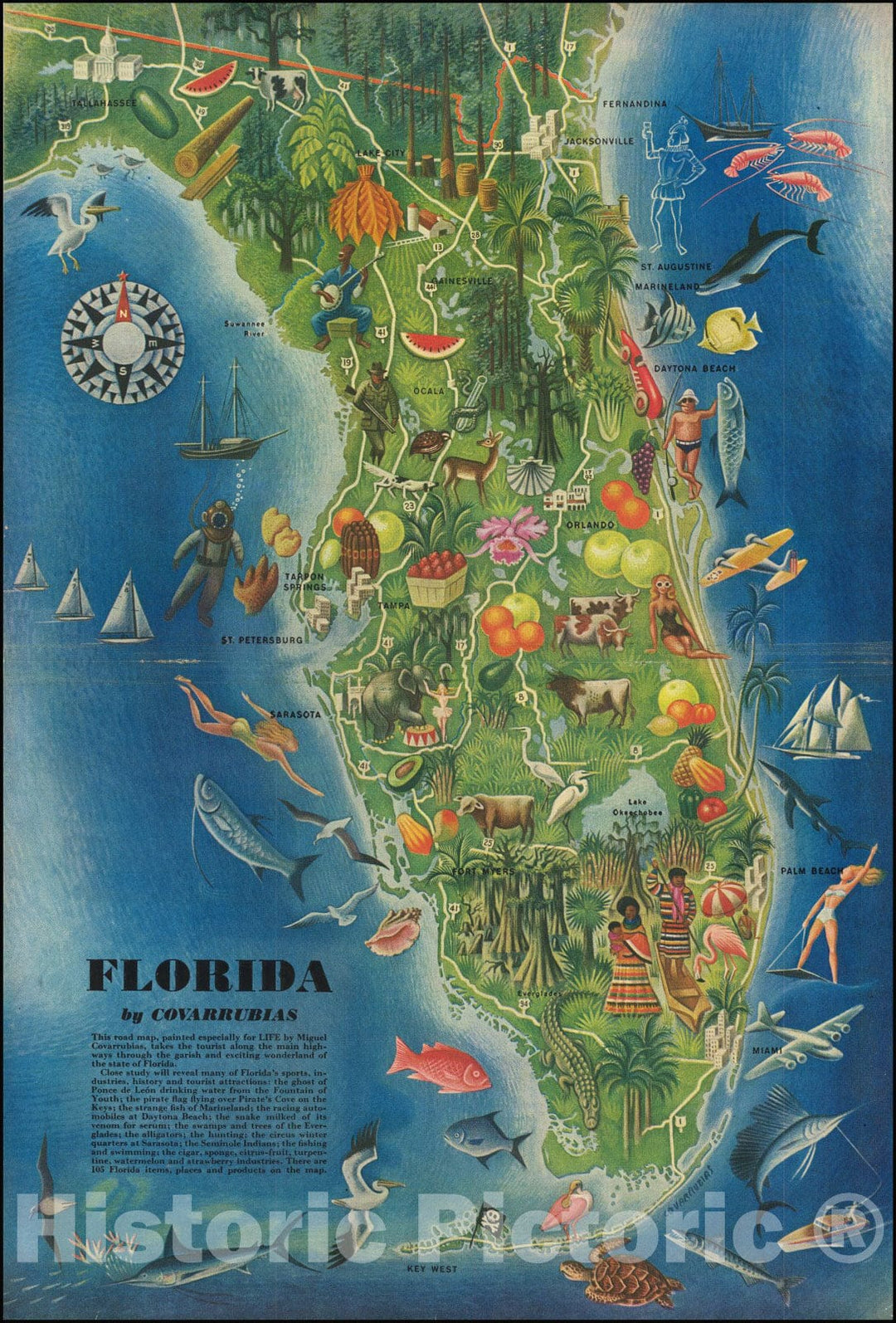 Historic Map : Florida by Covarrubias, 1946, Vintage Wall Art