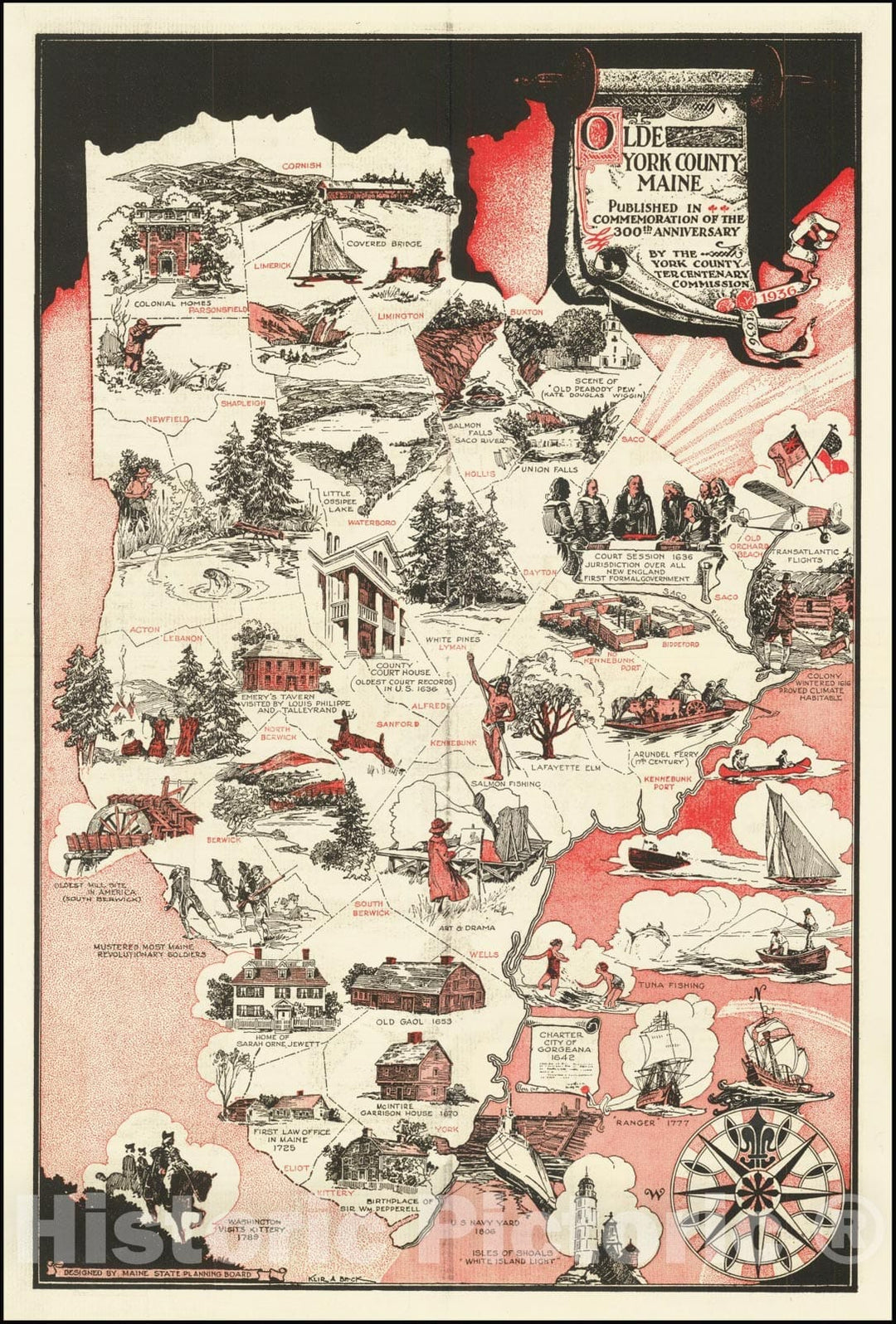 Historic Map : Olde York County Maine, 1936, Vintage Wall Art