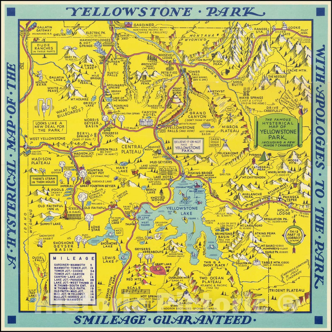 Historic Map : A Hysterical Yellowstone Park -- With Apologies To The Park -- Smileage Guaranteed , 1948, Vintage Wall Art