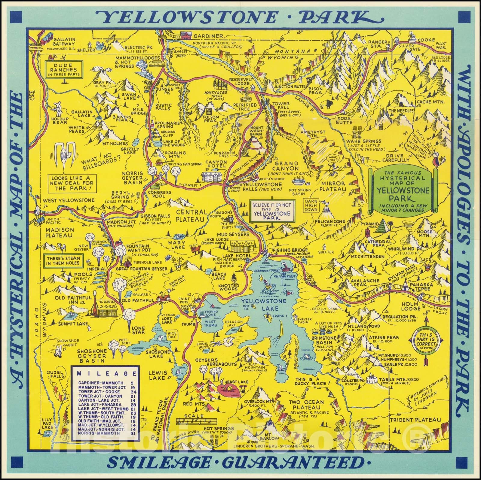 Historic Map : A Hysterical Yellowstone Park -- With Apologies To The Park -- Smileage Guaranteed , 1948, Vintage Wall Art