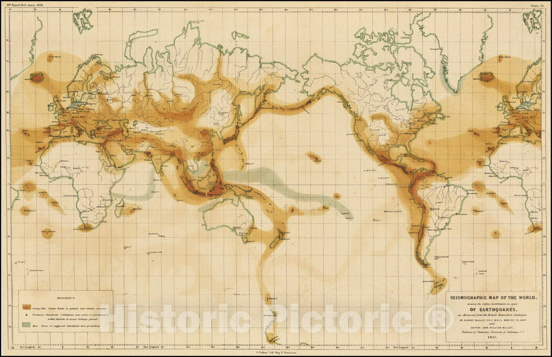 Historic Map : Seismographic World, showing the surface distribution in space of Earthquakes, as discussed from the British Association Catalog, 1857, 1857, Vintage Wall Art