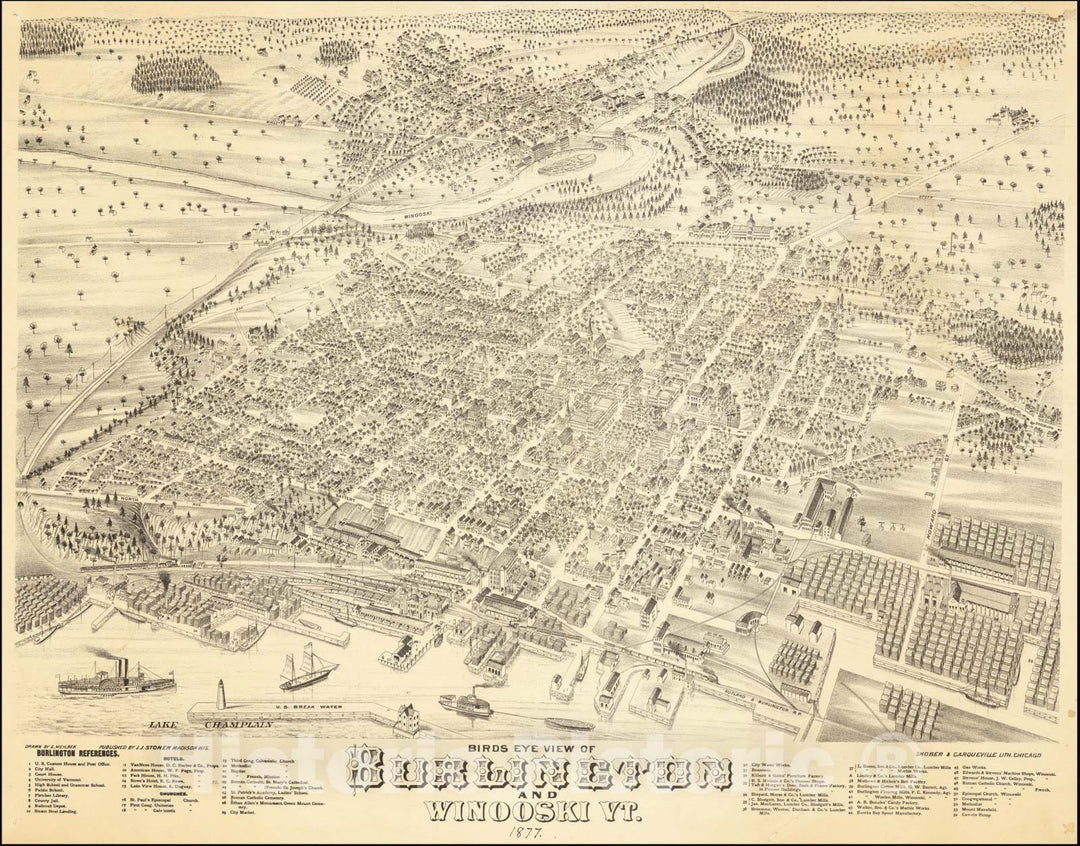 Historic Map : Birdseye View of Burlington and Winooski, VT 1877., 1877, Vintage Wall Art