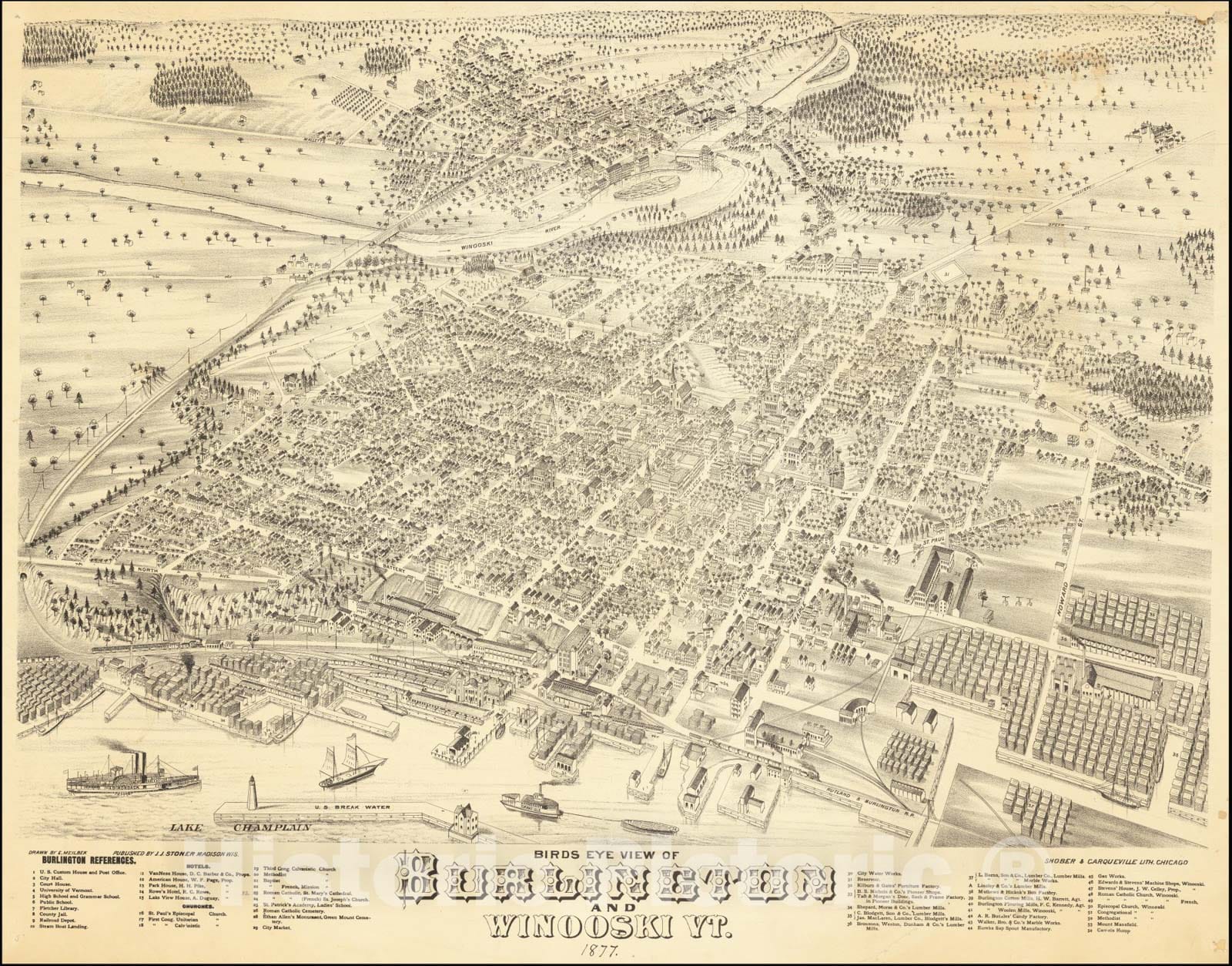 Historic Map : Birdseye View of Burlington and Winooski, VT 1877., 1877, Vintage Wall Art