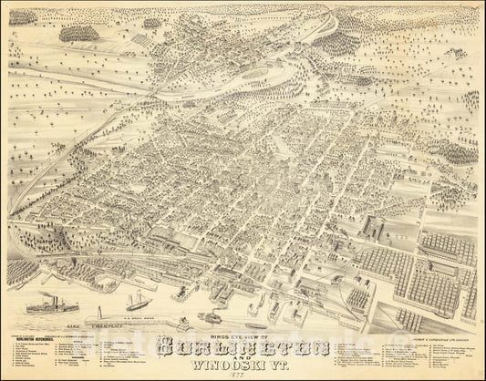 Historic Map : Birdseye View of Burlington and Winooski, VT 1877., 1877, Vintage Wall Art