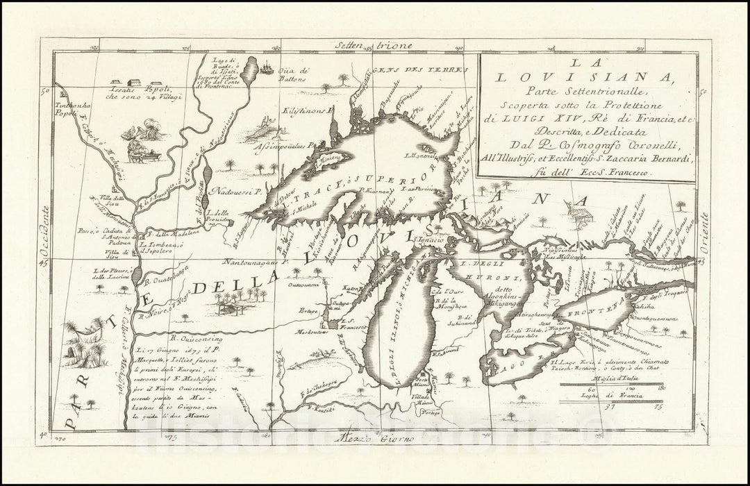 Historic Map : La Louisiana, Parte Settentrionalle, Scoperta sotto Protettione di Luigi XIV, Re di Francia,  1691 v2, Vintage Wall Art