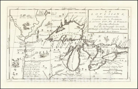 Historic Map : La Louisiana, Parte Settentrionalle, Scoperta sotto Protettione di Luigi XIV, Re di Francia,  1691 v2, Vintage Wall Art