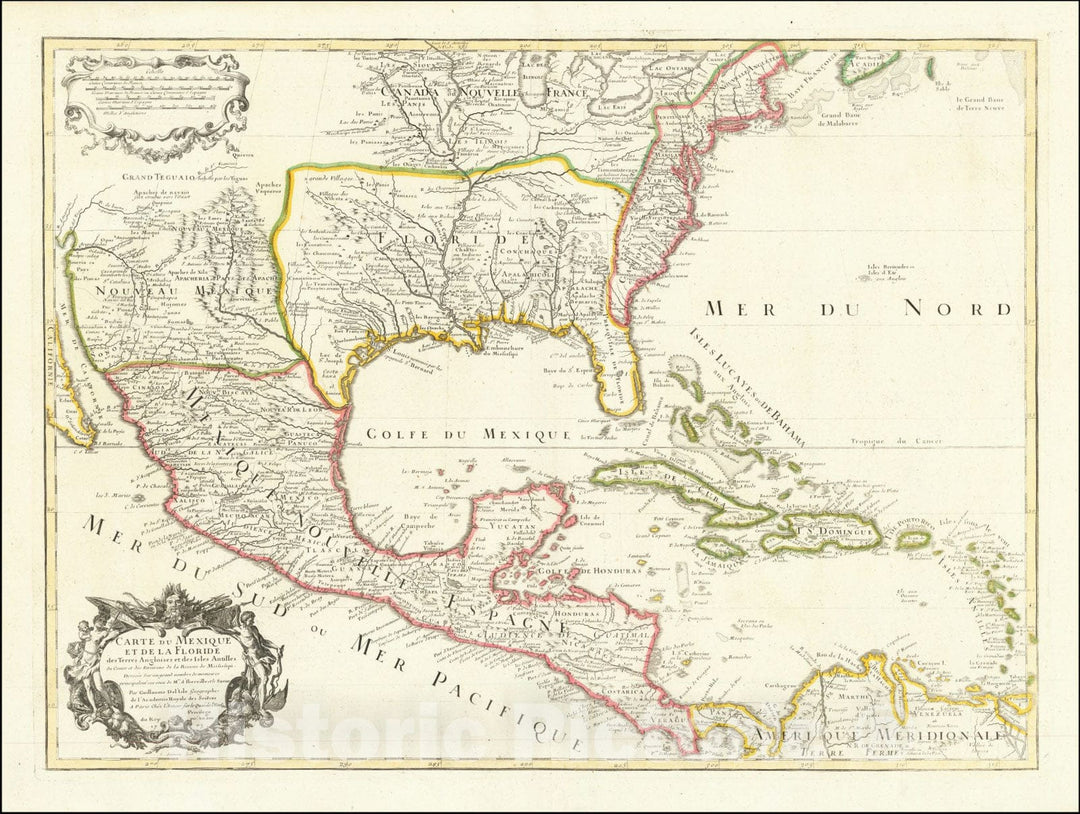 Historic Map : Carte Du Mexique et de la Floride des Terres Angloises et des Isles Antilles du Cours et des Environs de la Riviere Mississipi, 1703,1703 (1708), Vintage Wall Art