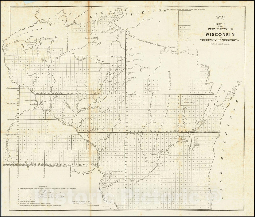 Historic Map : Sketch of the Public Surveys in Wisconsin and Territory of Minnesota, 1855, Vintage Wall Art