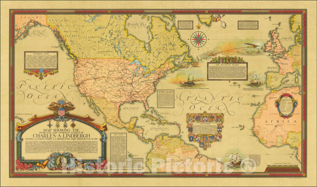 Historic Map : The Overland And Overseas Flights of Charles A. Lindbergh Colonel and Flights Comdr - 110th Observations Sqdn. Missouri Nat. Guard. , 1928, Vintage Wall Art