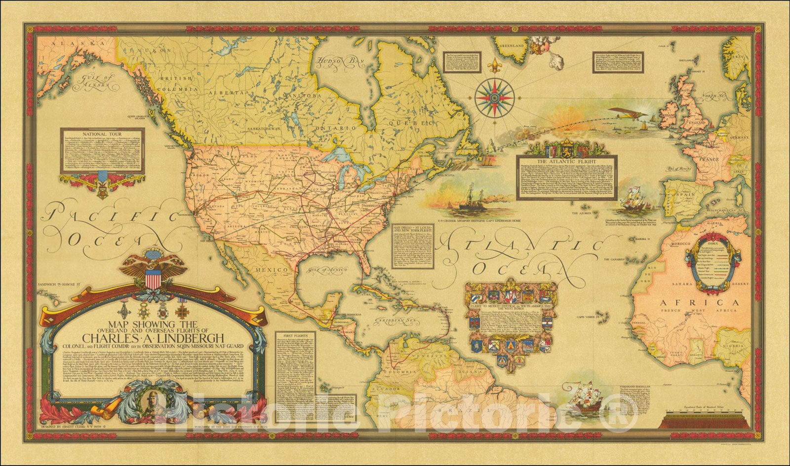 Historic Map : The Overland And Overseas Flights of Charles A. Lindbergh Colonel and Flights Comdr - 110th Observations Sqdn. Missouri Nat. Guard. , 1928, Vintage Wall Art