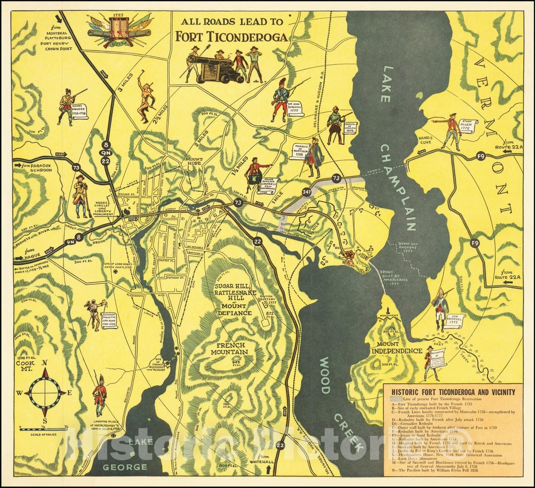 Historic Map : All Roads Lead to Fort Ticonderoga, 1950, Vintage Wall Art