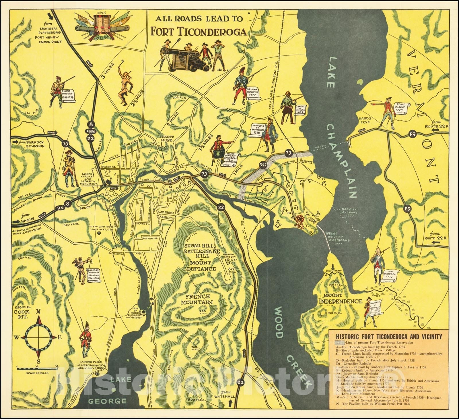 Historic Map : All Roads Lead to Fort Ticonderoga, 1950, Vintage Wall Art