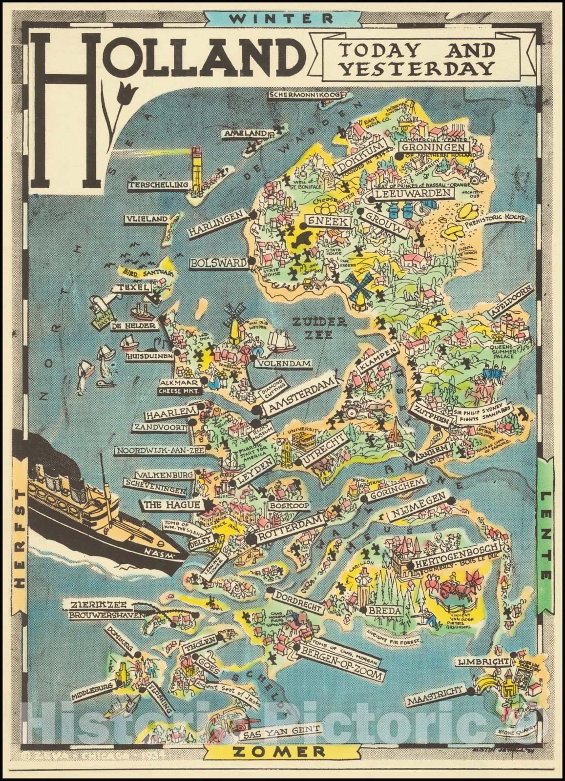 Historic Map : Holland Today and Yesterday, 1934, Vintage Wall Art