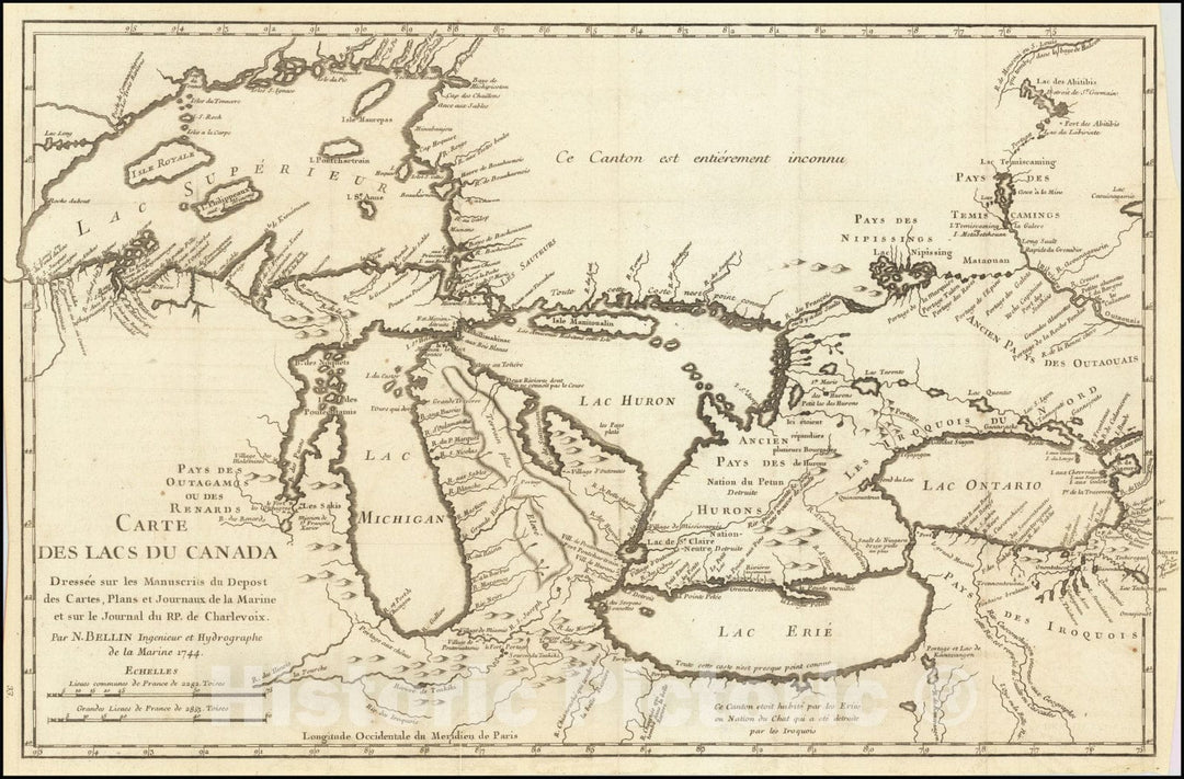 Historic Map : Carte des lacs du Canada. Dressee sur les manuscrits du Depost des cartes plans et journaux de la marine et sur le journal du RP. de Charlevoix, 1744, 1744, Vintage Wall Art