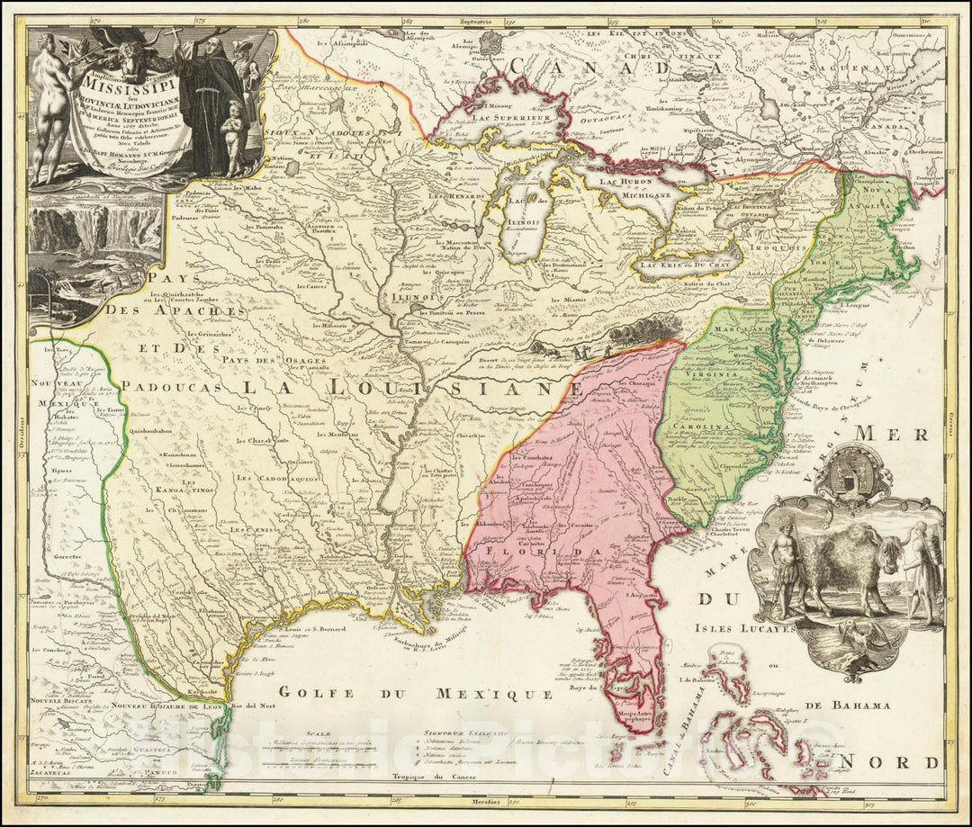 Historic Map : Amplissimae Regionis Mississipi Seu Provinciae Ludovicianae A R.P. Ludovico Hennepin Francisc Miss In America Septentrionali Anno 1687 ,  1720 v1, Vintage Wall Art