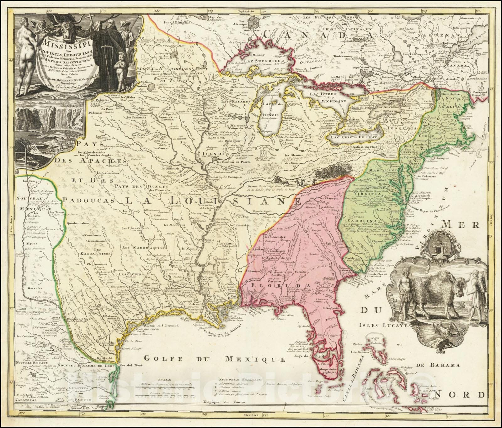 Historic Map : Amplissimae Regionis Mississipi Seu Provinciae Ludovicianae A R.P. Ludovico Hennepin Francisc Miss In America Septentrionali Anno 1687 ,  1720 v1, Vintage Wall Art