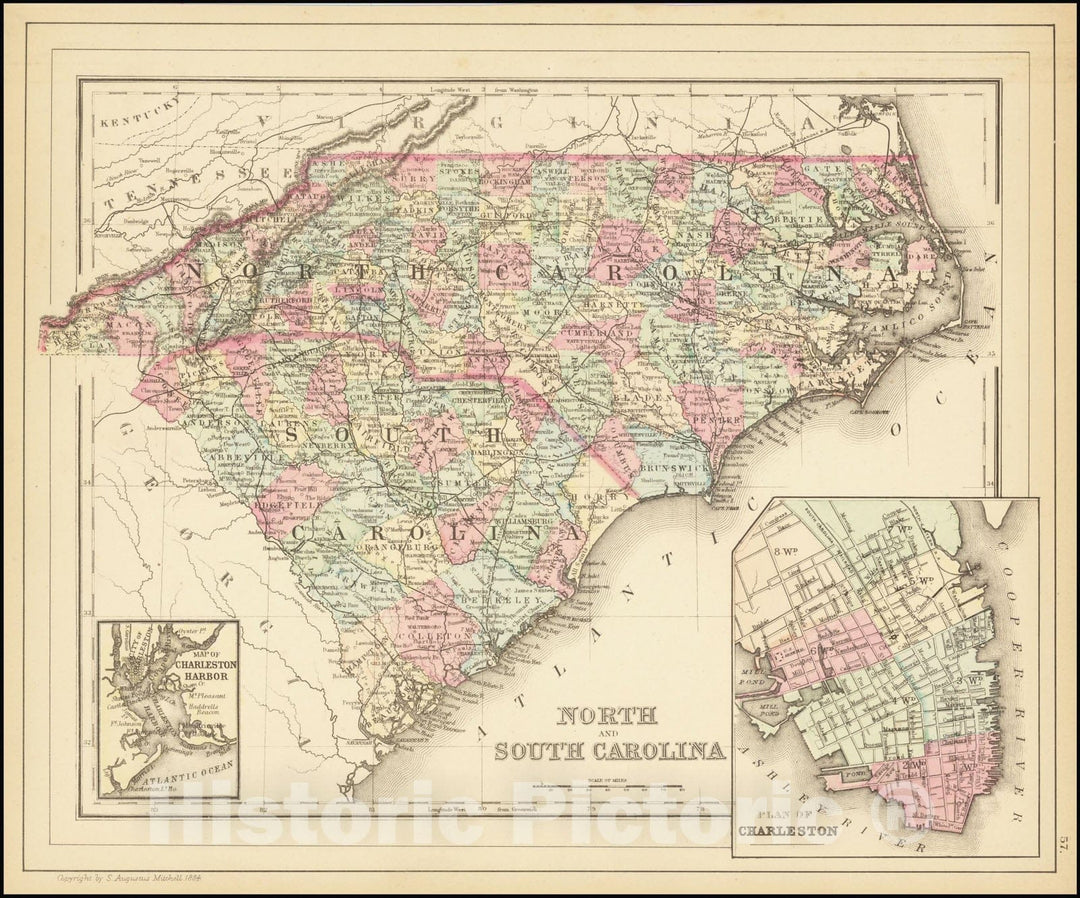 Historic Map : North and South Carolina , 1884, Vintage Wall Art