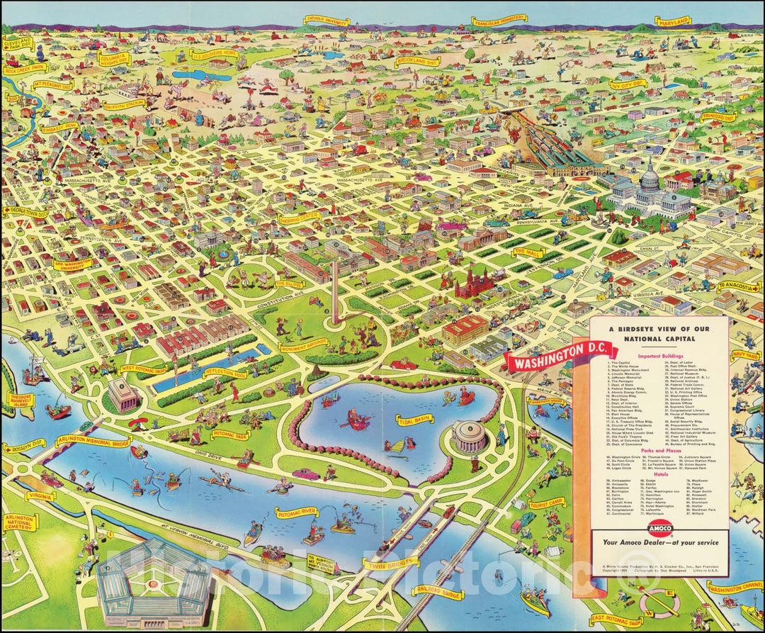 Historic Map : Washington, D.C.A Birdseye View of our National Capital, 1954, Vintage Wall Art