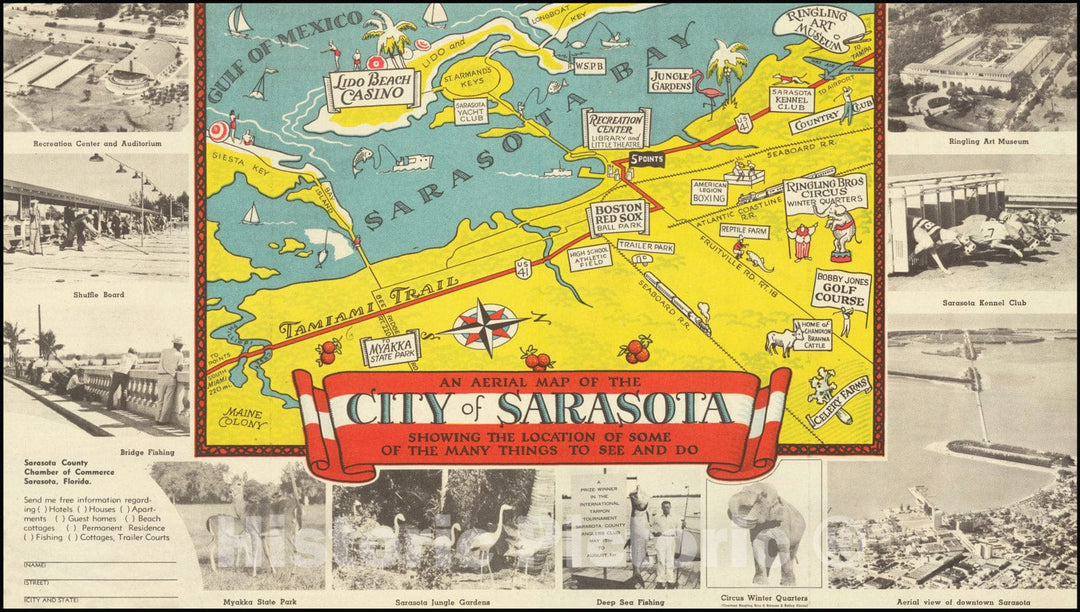 Historic Map : An Aerial City of Sarasota Showing the Location of Some of the Many Things to See and Do, 1935, Vintage Wall Art