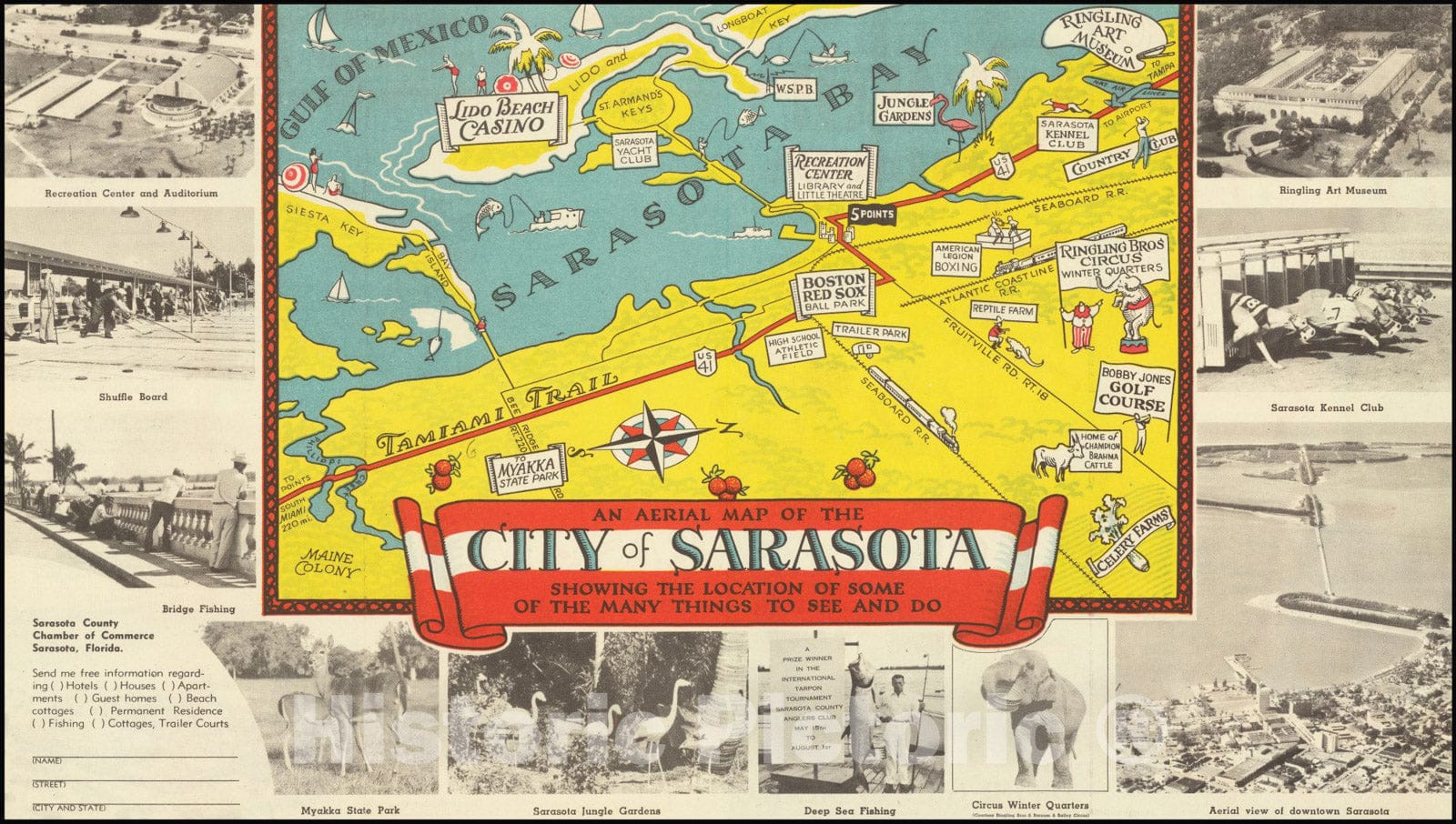 Historic Map : An Aerial City of Sarasota Showing the Location of Some of the Many Things to See and Do, 1935, Vintage Wall Art